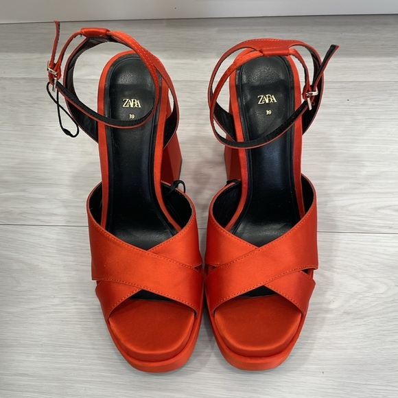 Zara Orange Satin Chunky Platform Heels - Picture 2 of 16
